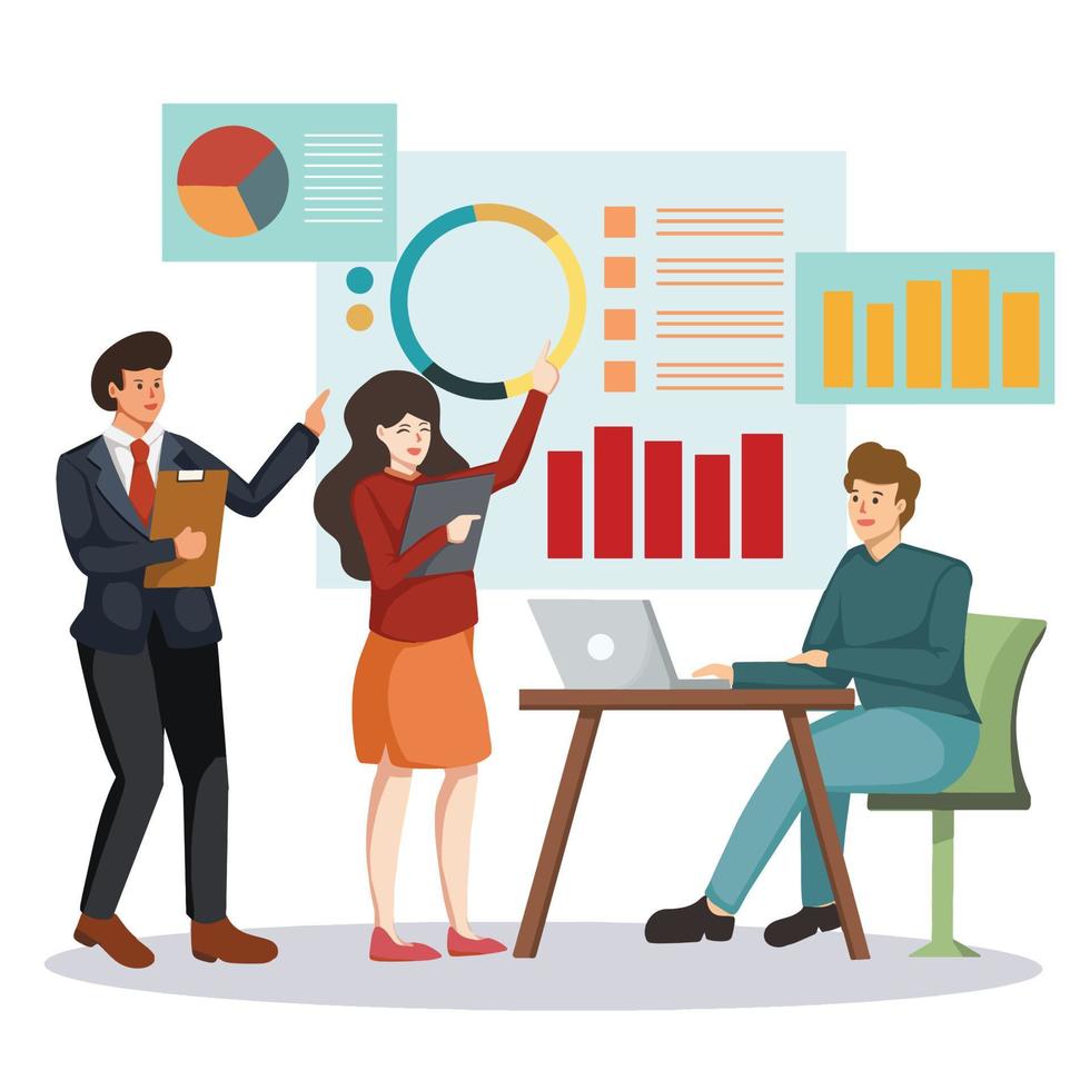 Business Analysis concept, People in the meeting work with charts and graphic data visualization. Vector illustration