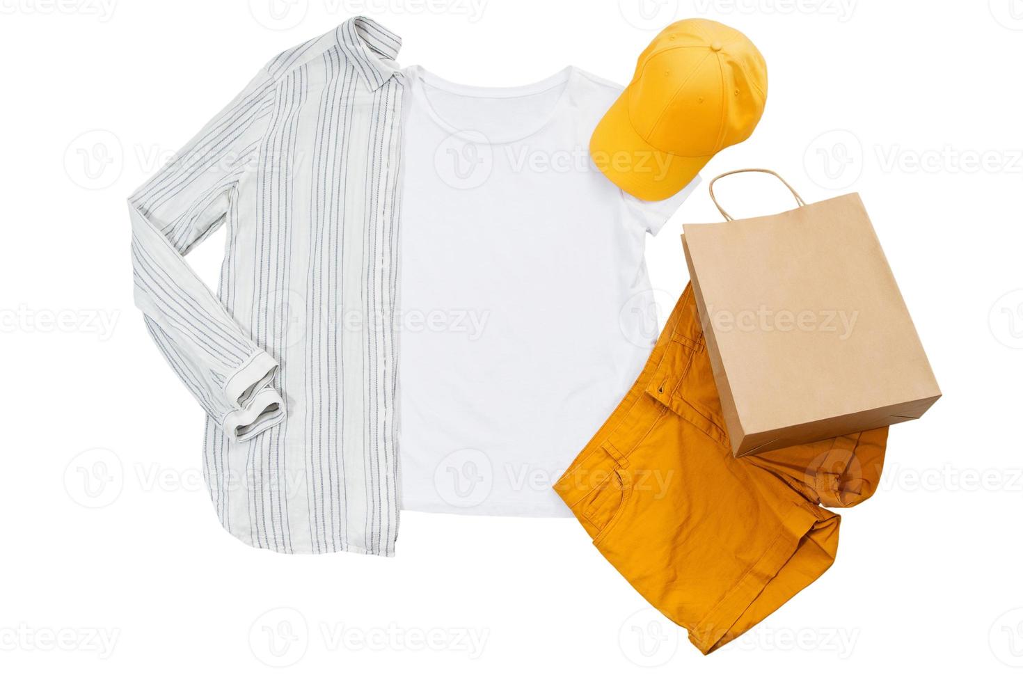 Summer Female t shirt mock up flat lay isolated on white background. Top front view t-shirt and copy space. Mockup t-shirt and summertime. Template blank shirt. photo