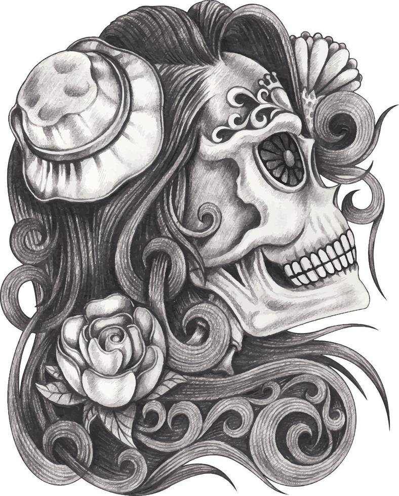 Art fancy woman skull day of the dead. Hand drawing and make graphic vector. vector