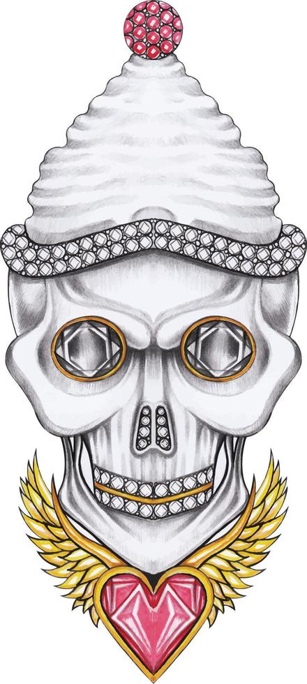 Art fancy skull mix wings heart. Hand drawing and painting make graphic vector. vector