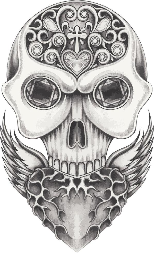 Art fancy wing heart mix skull. hand drawing and make graphic vector. vector