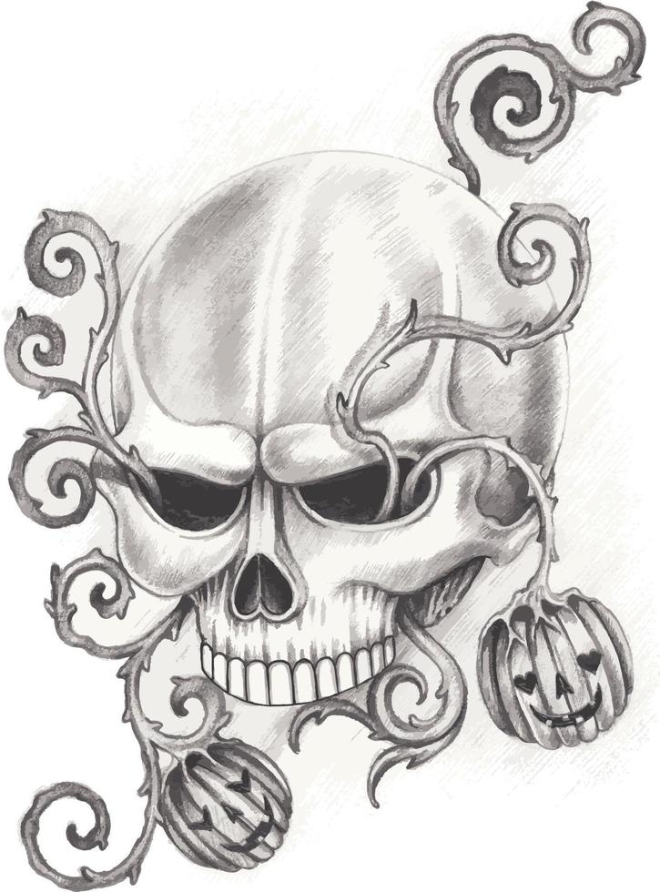 Art surreal pumpkin mix skull tattoo. Hand drawing and make graphic vector. vector