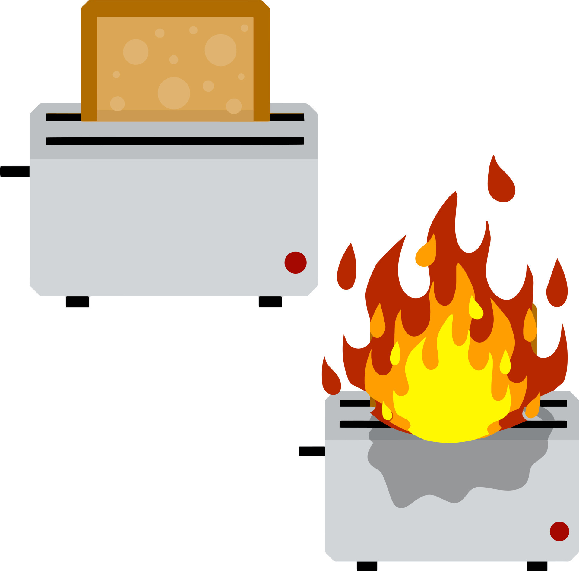 Broken toaster with bread. Problems with cooking. Damaged home