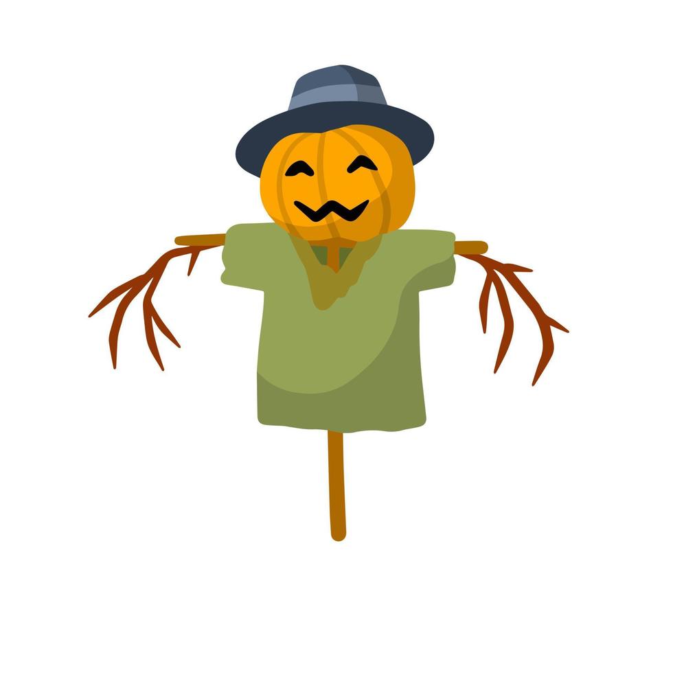 Scarecrow with a pumpkin head. Funny bogeyman with hat. A fabulous Halloween Character. Old clothes and a stick. Flat cartoon illustration vector