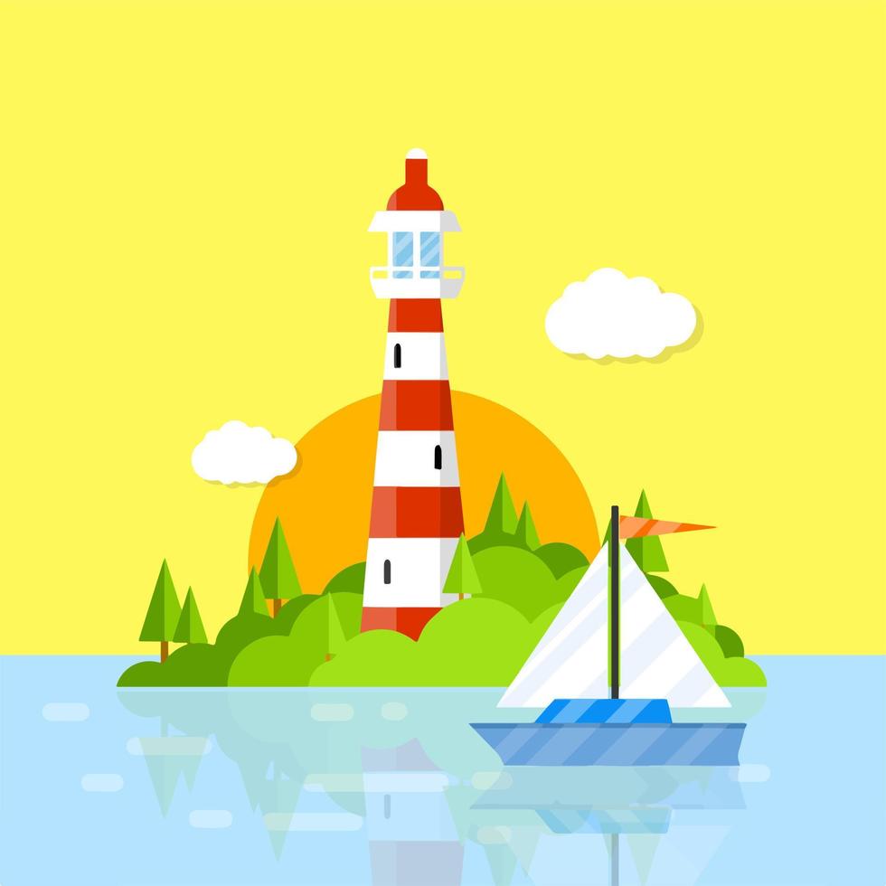 Beautiful lighthouse in the Harbor. Red white tower. Attraction for tourists at sea. A green island with forests and boat. vector