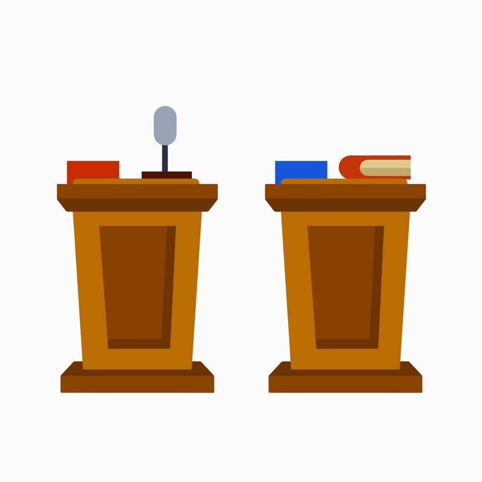 Platform for political debates and discussions. Pedestal with colored flags for the lecturer and President. Wooden podium. Cartoon flat illustration. Red versus blue. Elections and dialogue vector