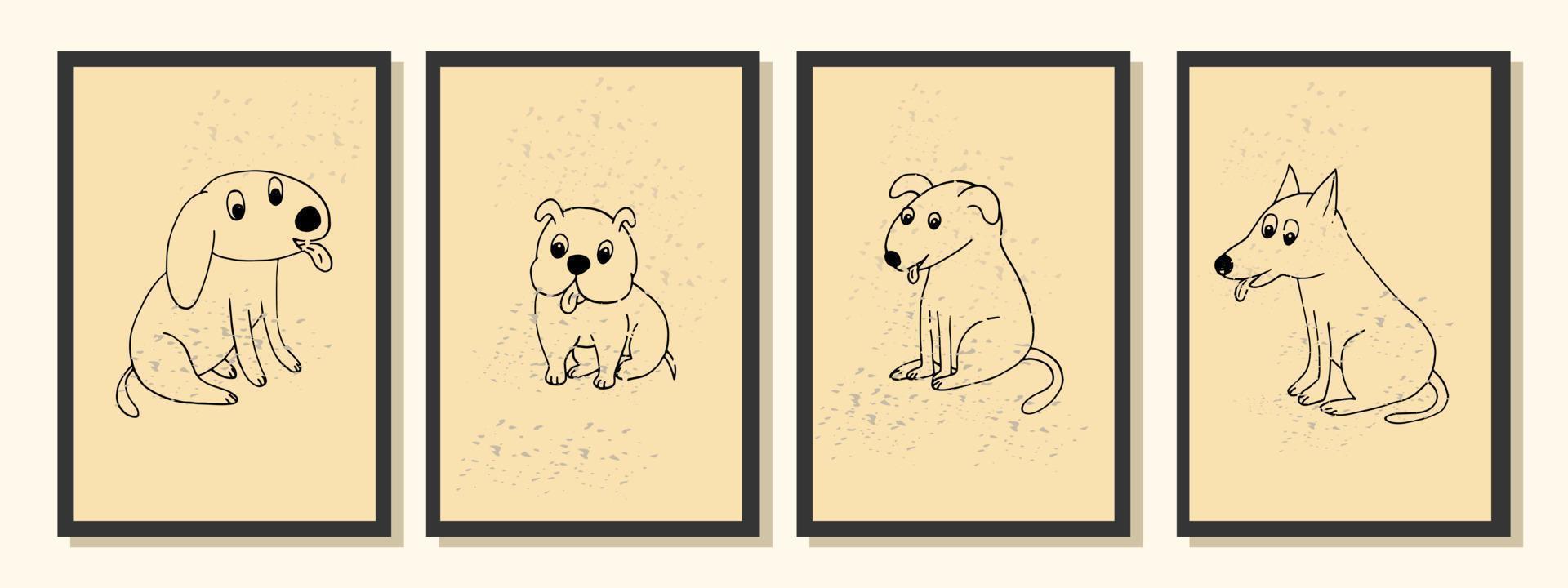 abstract posters with dogs. monochrome, minimalistic, trendy, retro. wall decor, art prints doodle hand drawn vector