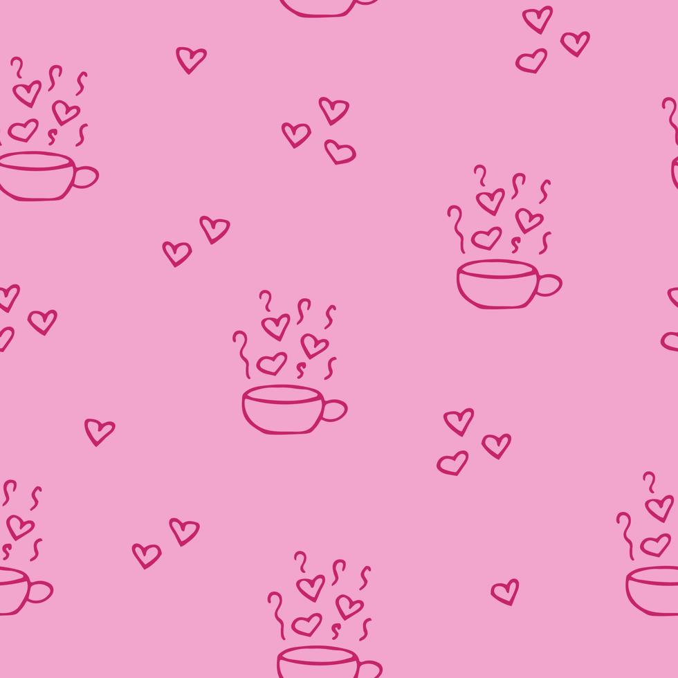cup and steam with hearts seamless pattern hand drawn in doodle style. wallpaper, background, textile, wrapping paper. scandinavian, simple, minimalism, monochrome vector