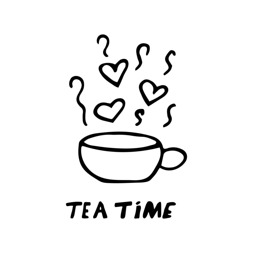 cup, steam and hearts and tea time text hand drawn in doodle style. poster, sticker. scandinavian, simple, minimalism monochrome vector