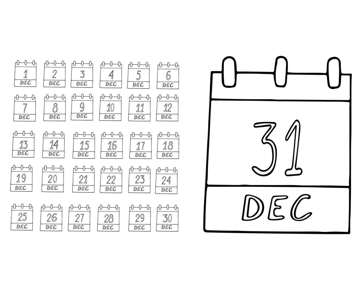 calendar December month hand drawn set in doodle style. set of elements. vector, scandinavian, monochrome. advent, christmas, holiday, spiral vector
