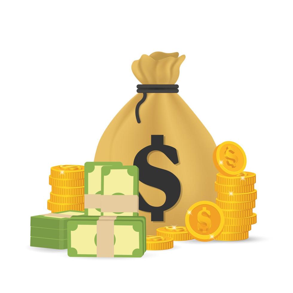 Ilustración de vector de bolsa de dinero 3d. pila de dólares y monedas de oro. icono de riqueza y banca. aislado en blanco