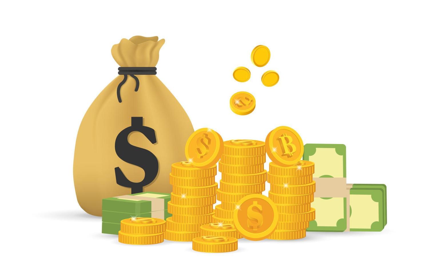 3D Money bag Vector illustration. Dollars and gold coins