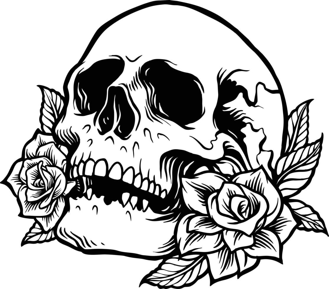 tatuaje de silueta de rosa de calavera lateral vector