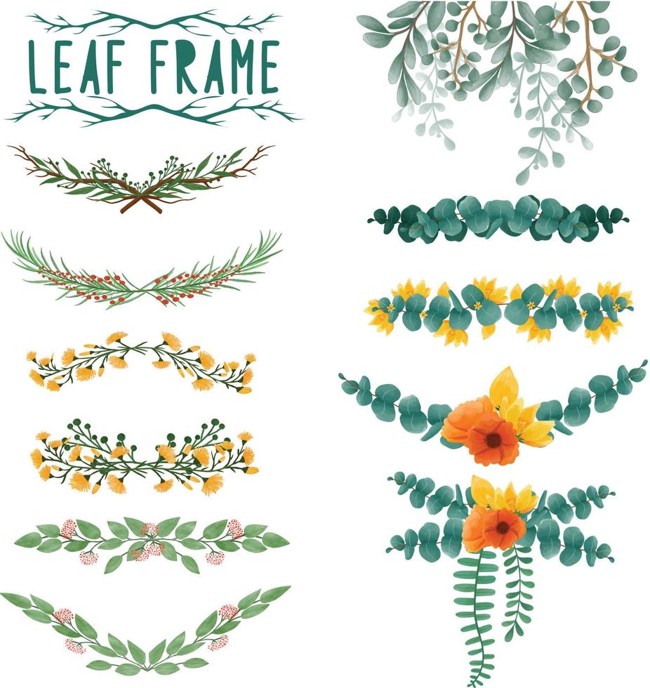 Set of watercolor painted Leaf Frame, Green leaves clipart. Hand drawn isolated on white background vector