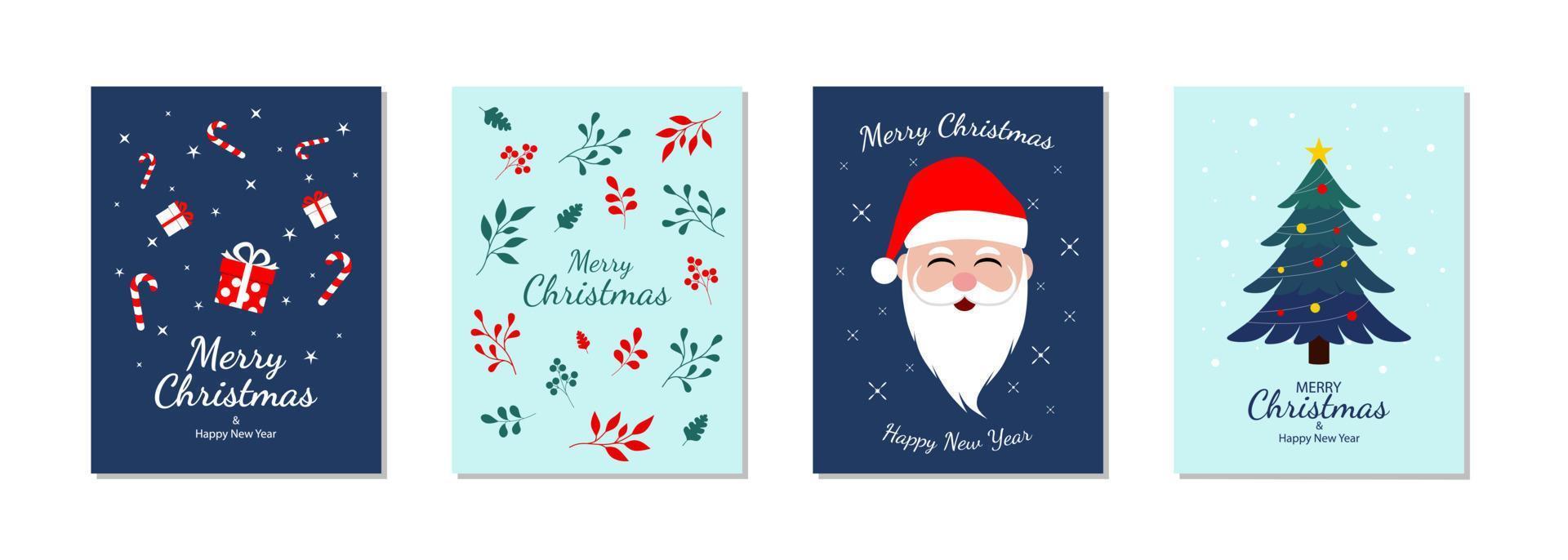 tarjeta de feliz navidad y feliz año nuevo con árbol de navidad, santa, hojas, caja de regalo y elementos decorativos. ilustración vectorial vector