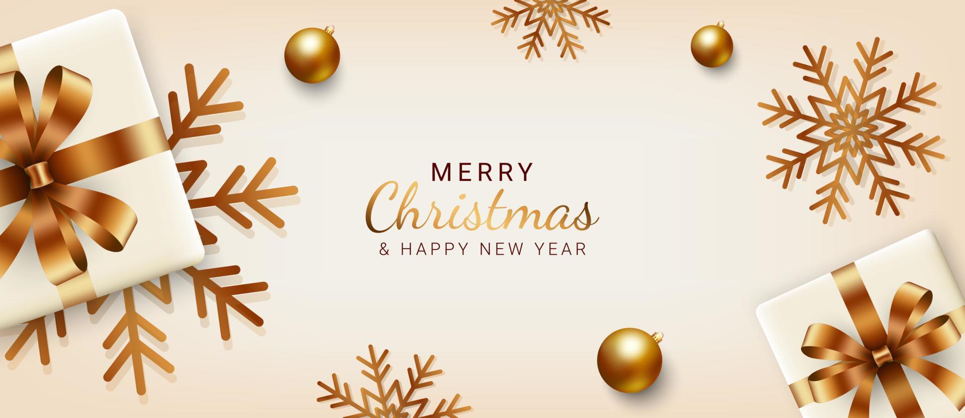 pancartas de navidad y año nuevo. diseño de fondo de navidad con cajas de regalo, copos de nieve y bolas doradas. tarjeta de felicitación navideña, póster o web. ilustración vectorial vector