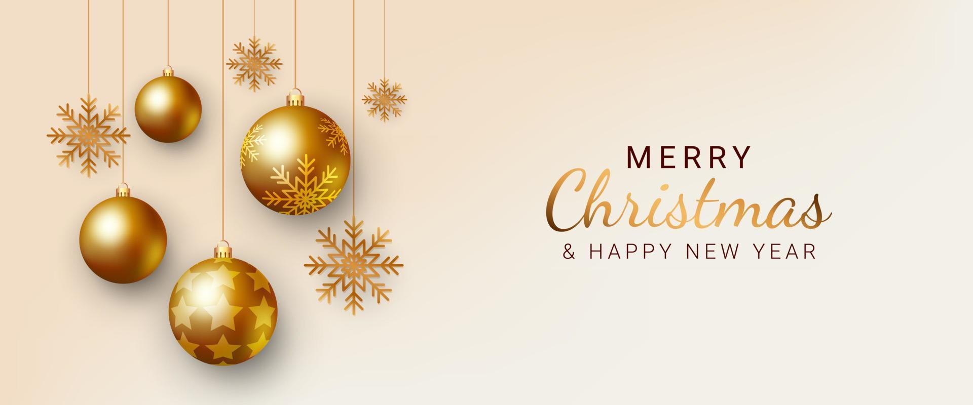 pancarta de navidad diseño de fondo de navidad con copos de nieve colgantes y adornos de bolas doradas. tarjetas de felicitación navideñas, invitaciones, encabezados. ilustración vectorial vector