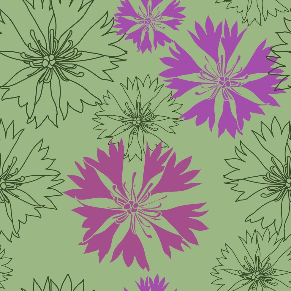 patrón sin costuras con flores de acianos verdes, diseño gráfico floral vector