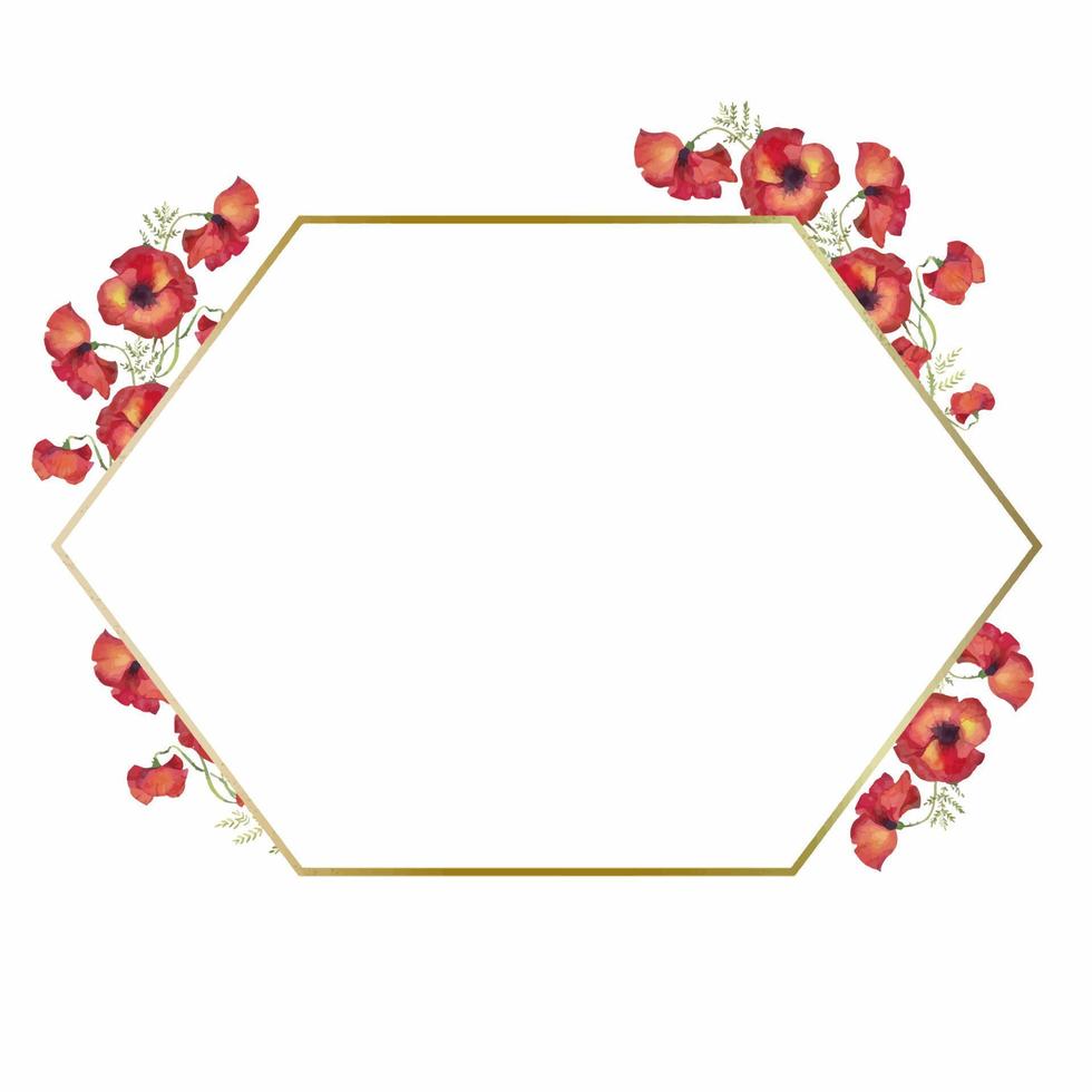 polygonal golden frame with watercolor flowers of red poppies.  illustration on a white background . wreath with bright poppies, red flax flowers and green leaves vector