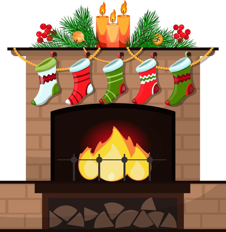 christmas fireplace decorated with candles and socks, new year illustration vector