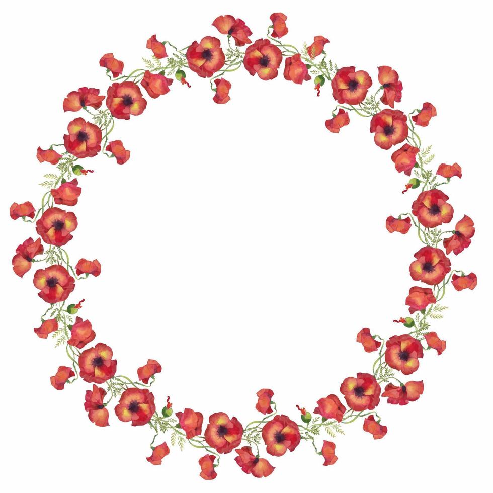 corona de amapolas rojas, flores, capullos y hojas, ilustración acuarela vector