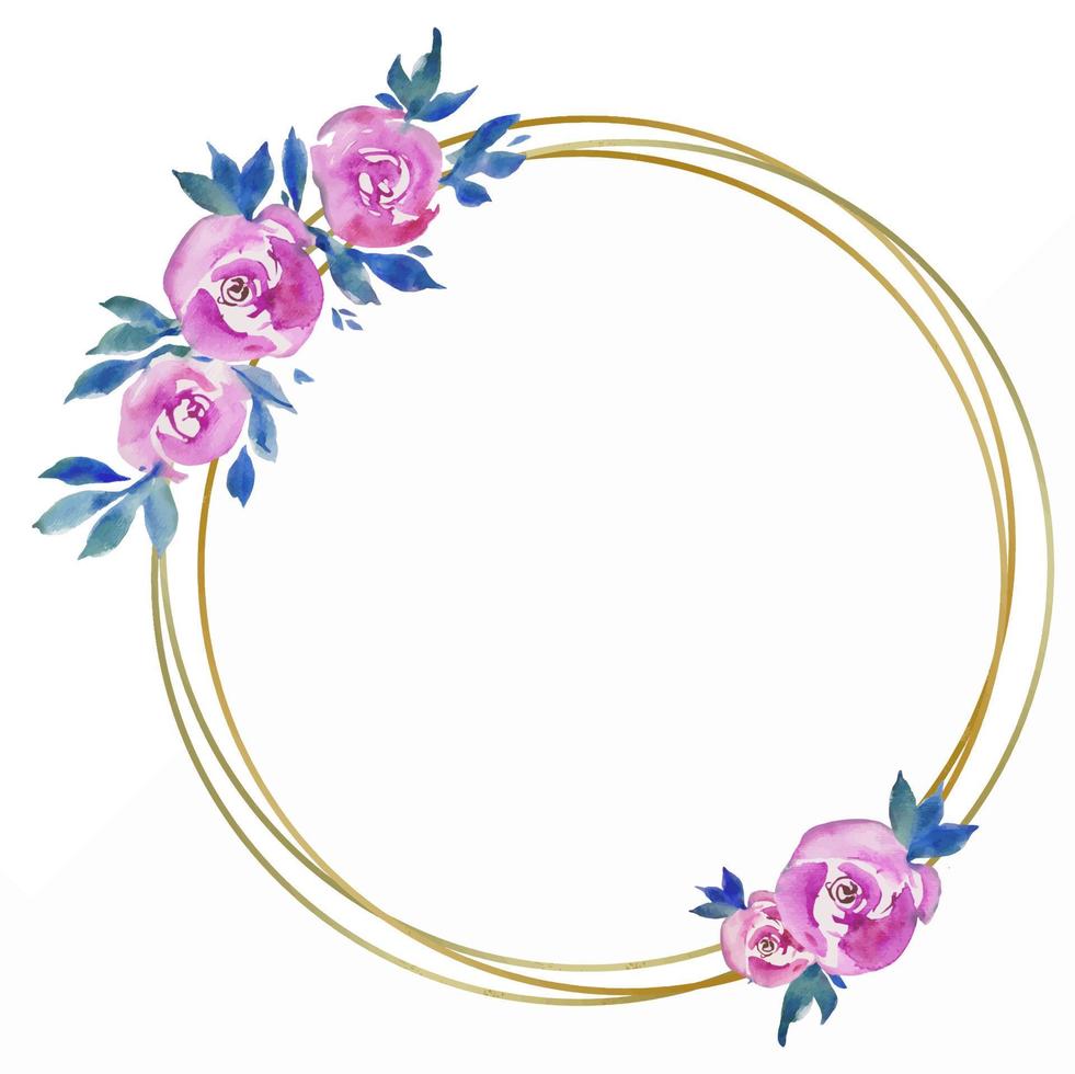 golden round frame with pink roses, floral design, wedding monogram, watercolor illustrations greeting cards vector