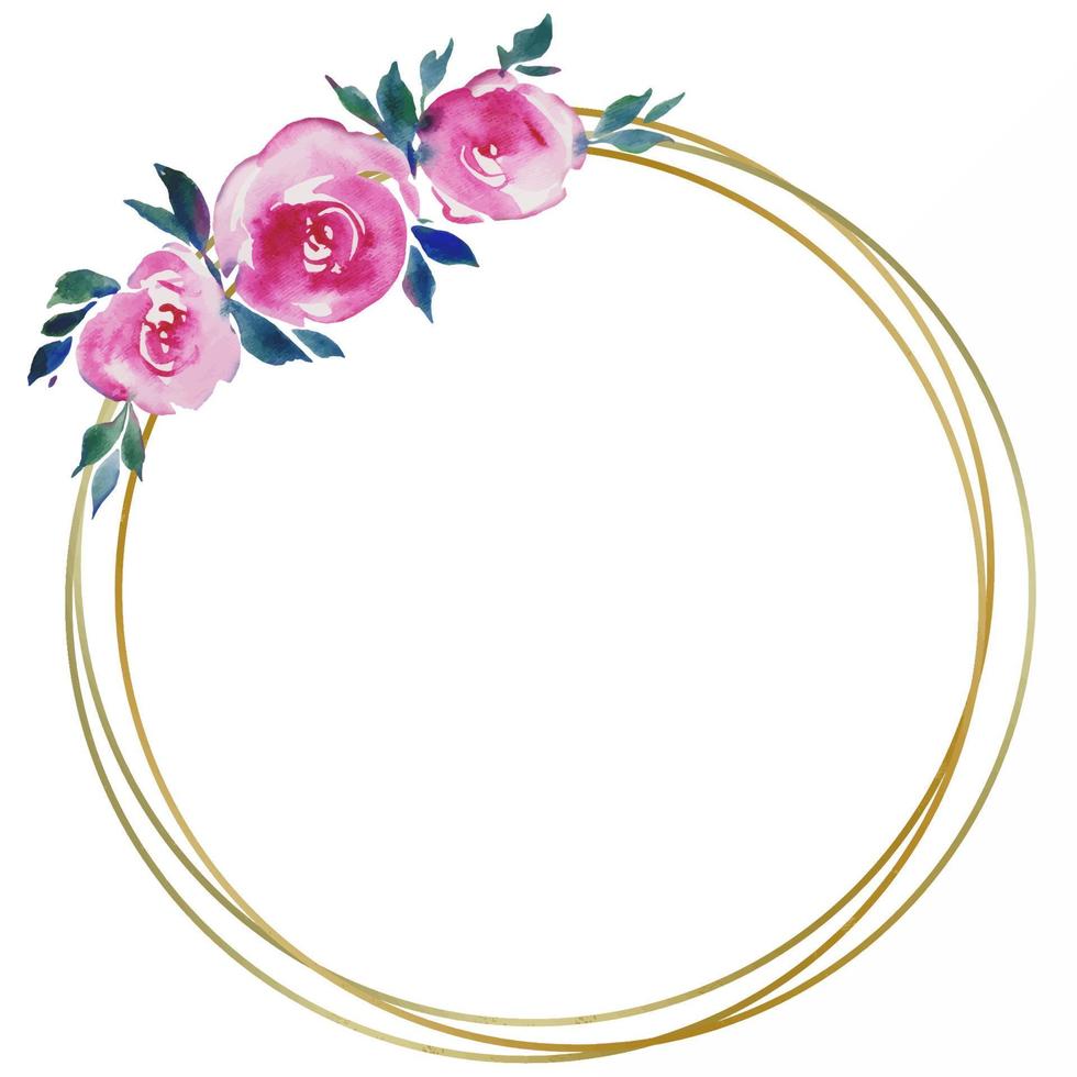 golden round frame with pink roses, floral design, wedding monogram, watercolor illustrations greeting cards vector