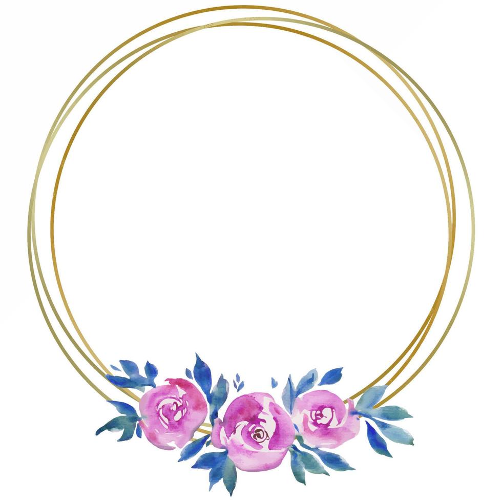 golden round frame with pink roses, floral design, wedding monogram, watercolor illustrations greeting cards vector