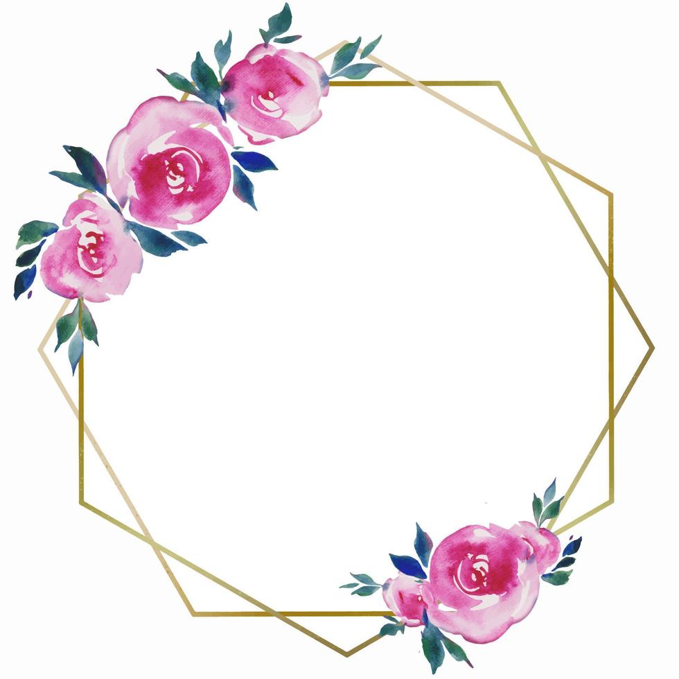 golden frame with pink roses, floral design, wedding monogram, watercolor illustrations, composition in a geometric Golden frame vector