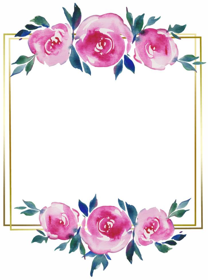 golden square frame with pink roses, floral design, wedding monogram, watercolor illustrations vector