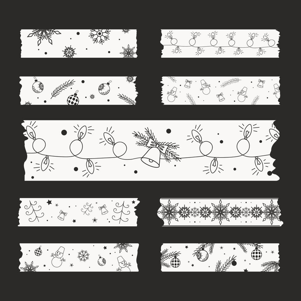 black and white minimalistic ribbons Washi tape sticker set christmas themed new year clipart vector