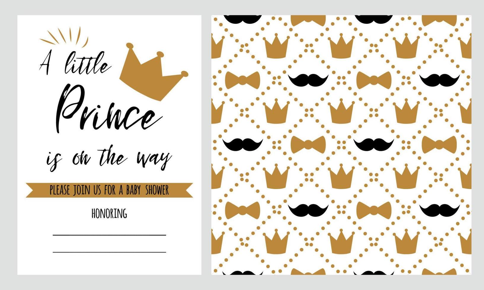 Baby Shower invitation design Hipster black moustache golden bow tie gold crow seamless pattern background Little Prince set for children birthday party congratulation invitation Vector illustration.
