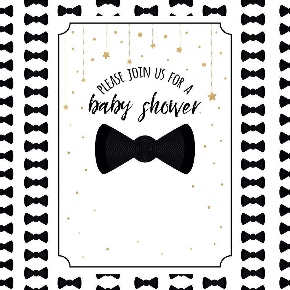 Baby Shower Invitation Template with sparkle golden stars, bow tie on white background. Gentle banner for boy birthday party, congratulation, invitation. Vector illustration logo sign label print