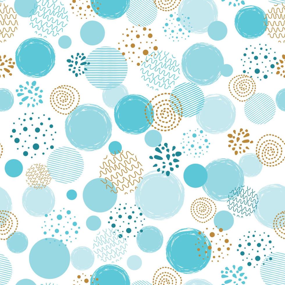 Seamless dotted pattern with blue, gold circle shapes. Blue baby boy background, banner. Textile paper design. Bright guys print. Blue boys pattern. Pritable round shapes. Vector illustration.