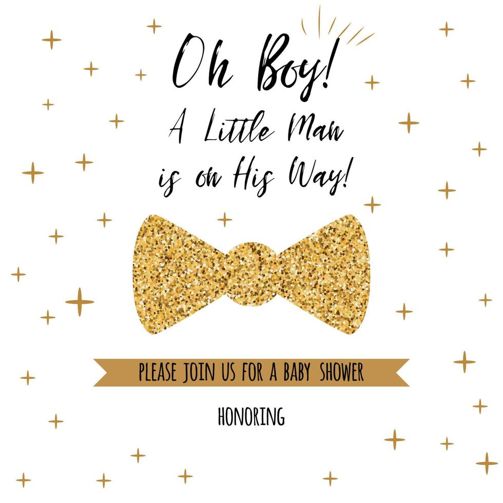 Oh boy cute baby shower with gold stars bow tie butterfly Birthday invitation Vector illustration with gold stars Black and golden design for boy baby shower card invitation template. Little gentleman