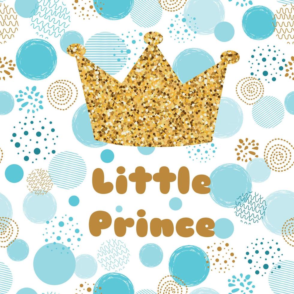 Little prince Baby shower card template. Boy blue invitation design for baby shower party. Gold crown on blue background. Its a boy banner for party, congratulation. Vector illustration.