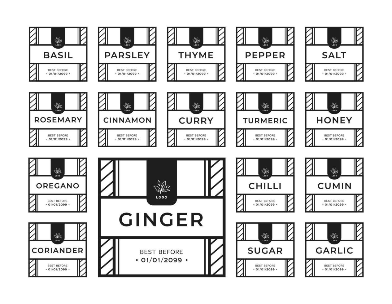 Kitchen seasoning pantry sticker label collection set black white simple square style vector