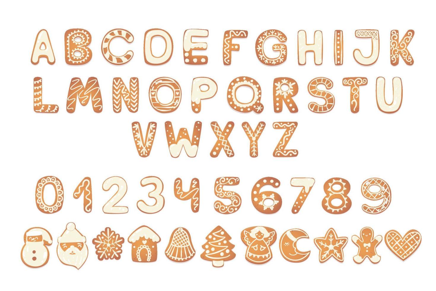 Christmas gingerbread cookies alphabet with figures. Biscuit letters, characters for Christmas messages and design. Vector illustration with decorations.