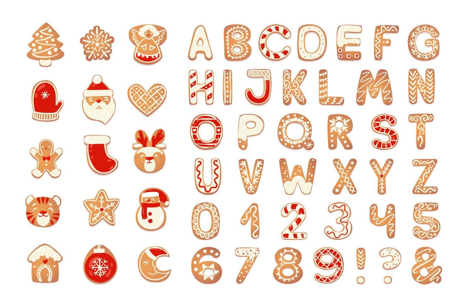 Christmas gingerbread cookies alphabet with figures. Biscuit letters, characters for Christmas messages and design. Vector illustration with decorations.