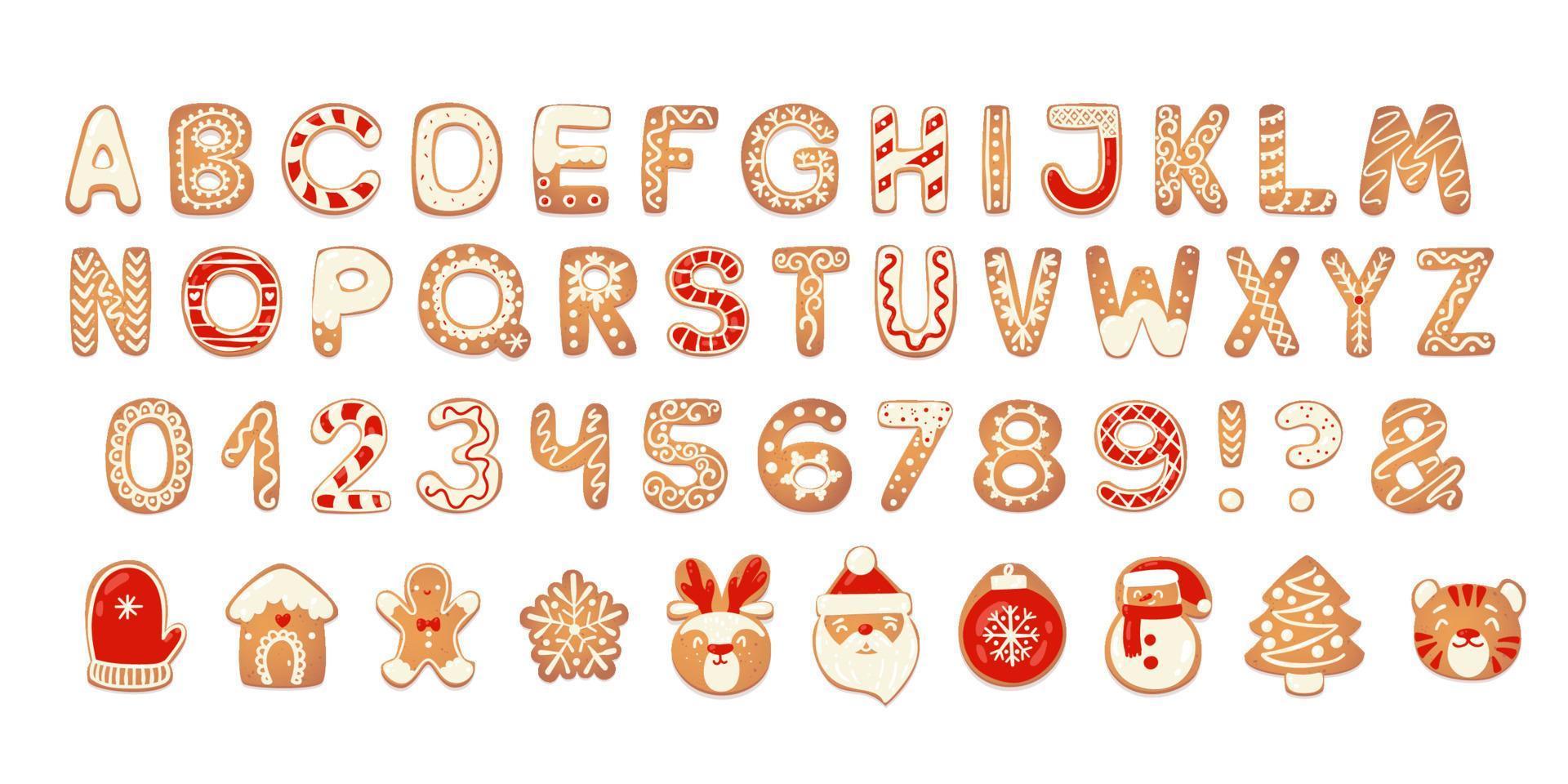 Christmas gingerbread cookies alphabet with figures. Biscuit letters, characters for Christmas messages and design. Vector illustration with decorations.