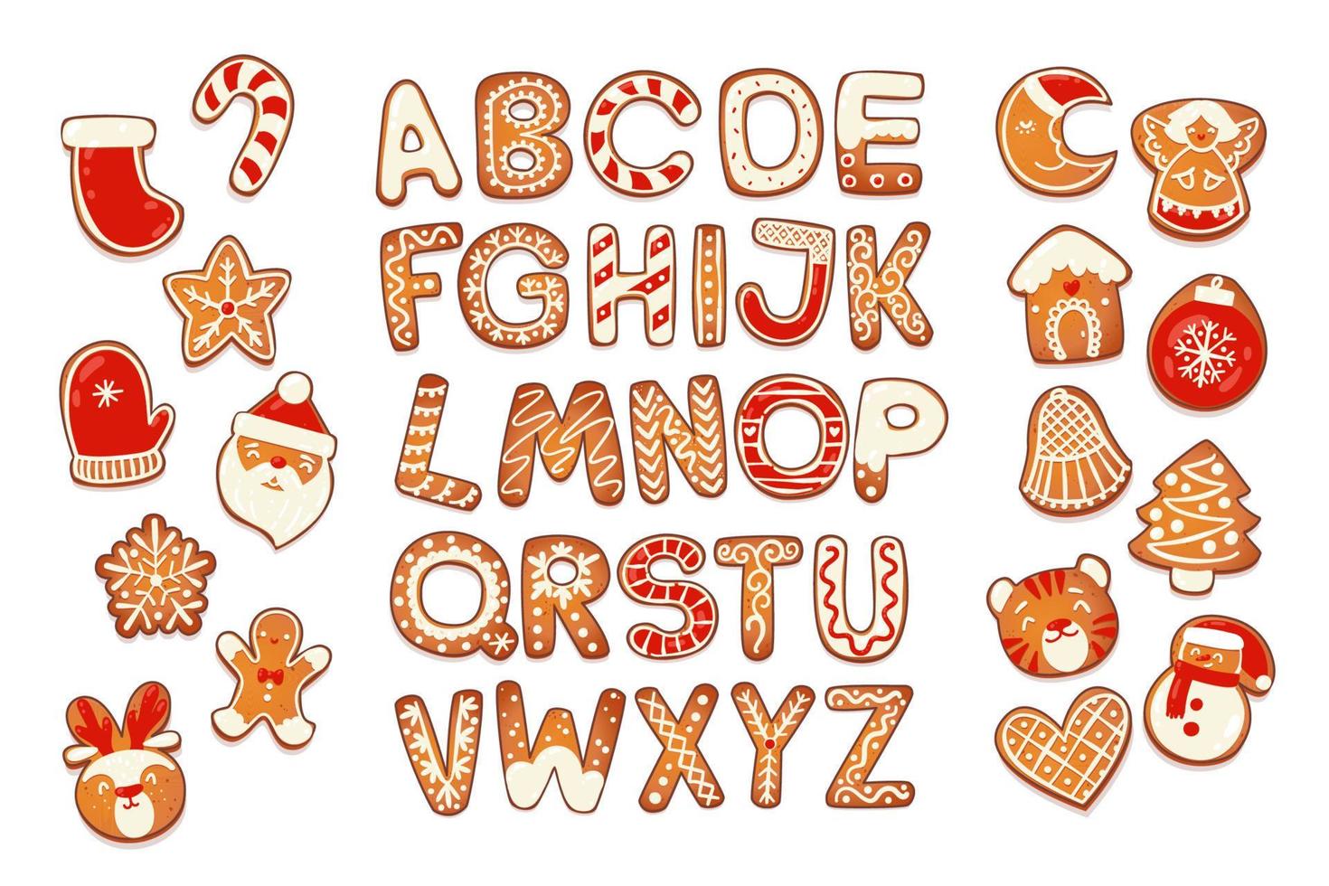 Christmas gingerbread cookies alphabet with figures. Biscuit letters, characters for Christmas messages and design vector