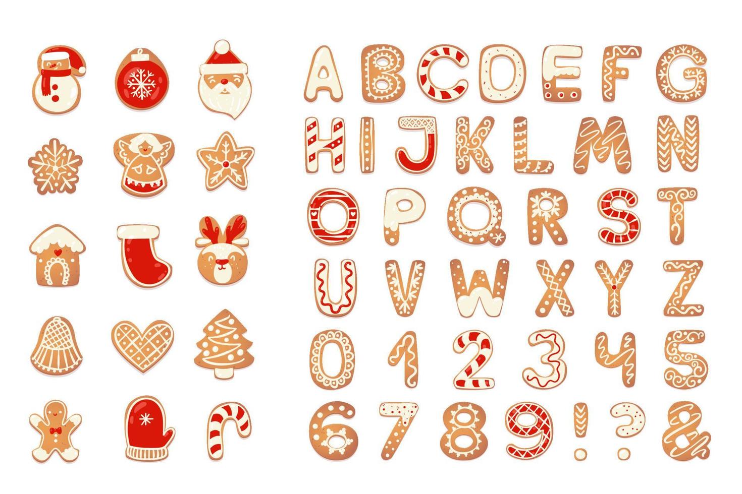 Christmas gingerbread cookies alphabet with figures. Biscuit letters, characters for Christmas messages and design. Vector illustration with decorations.