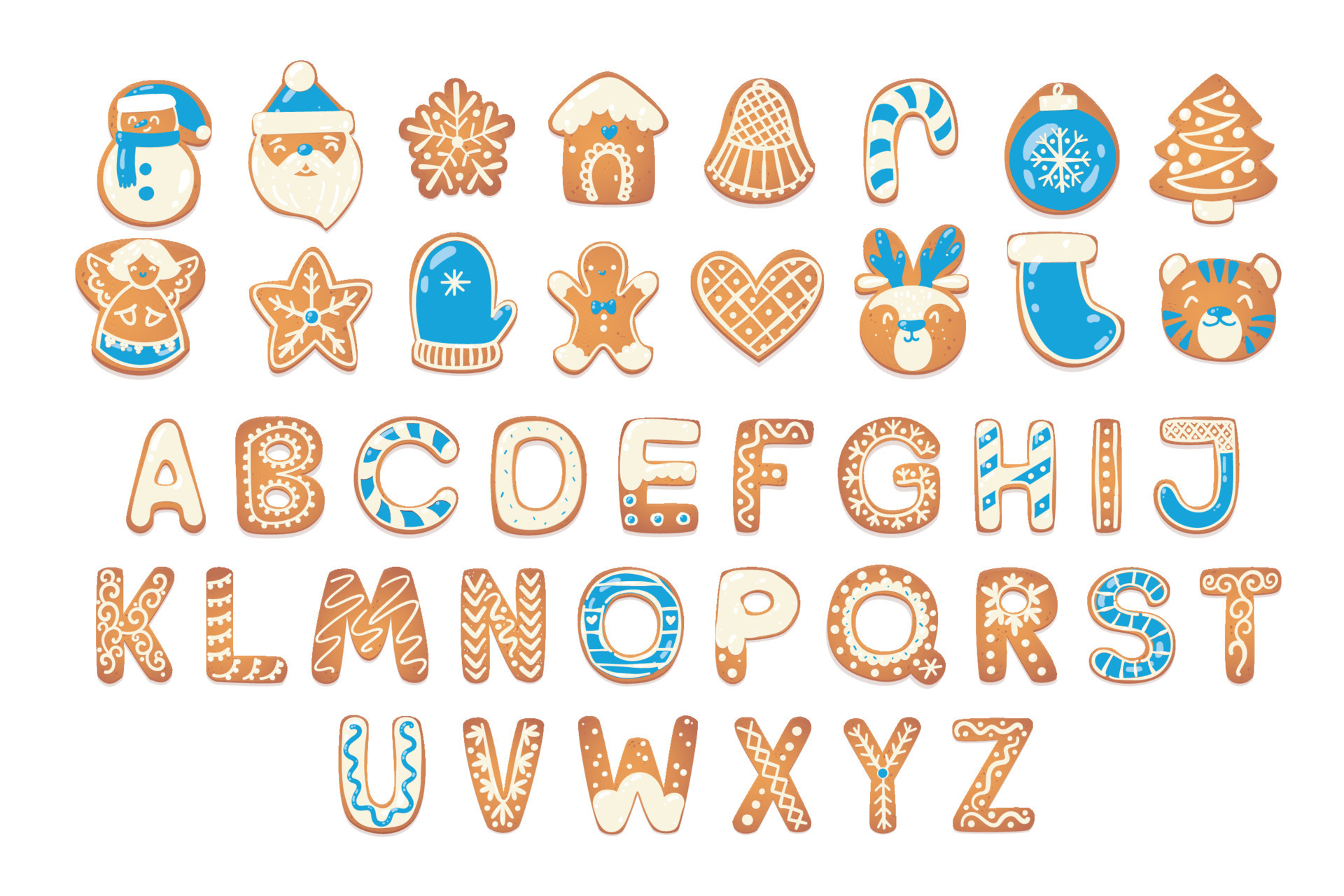 Christmas gingerbread cookies alphabet with figures. Biscuit letters ...