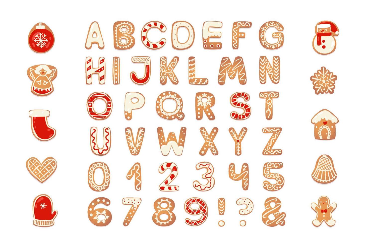 Christmas gingerbread cookies alphabet with figures. Biscuit letters, characters for Christmas messages and design. Vector illustration with decorations.