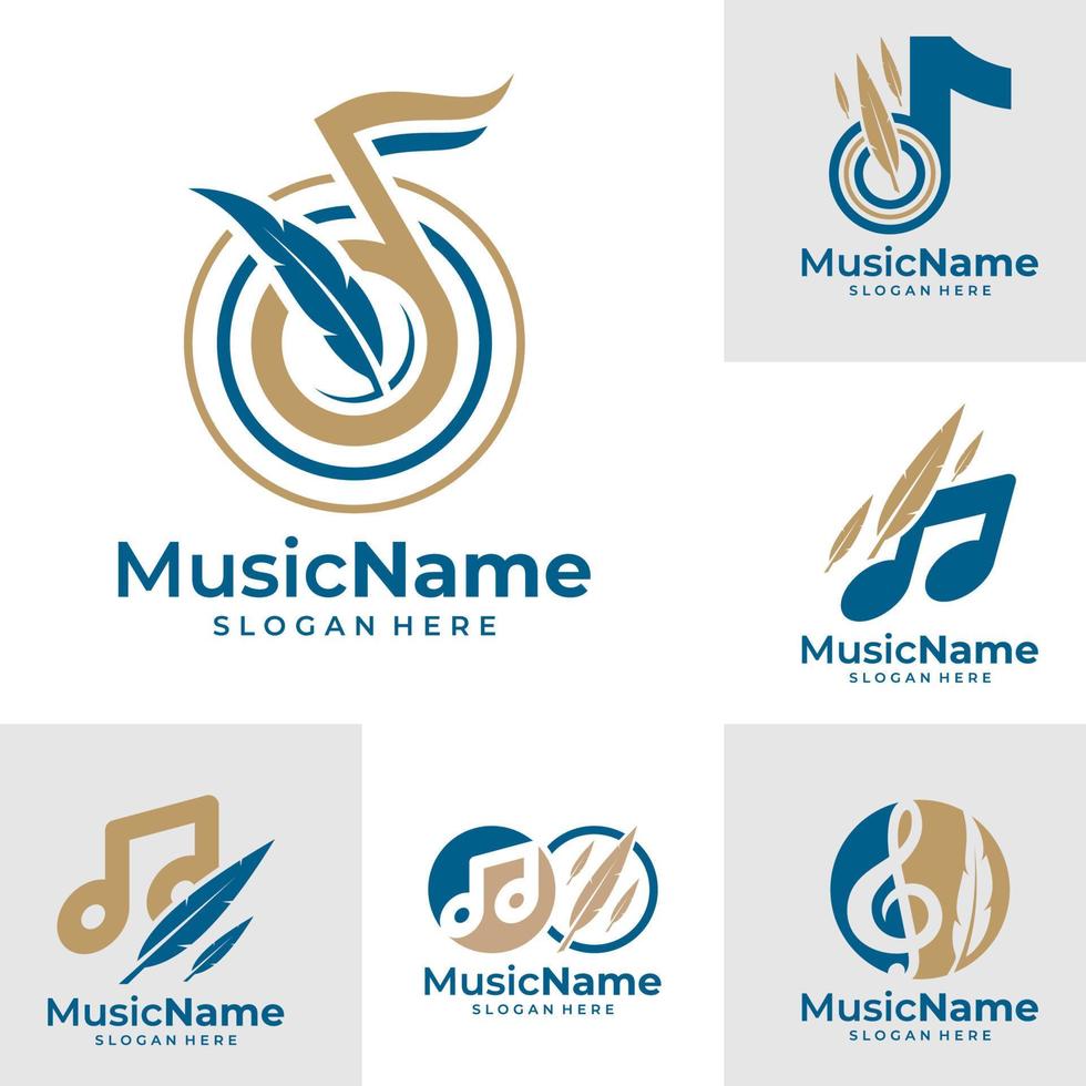 conjunto de vector de logotipo de música de plumas. plantilla de diseño de logotipo de pluma de música