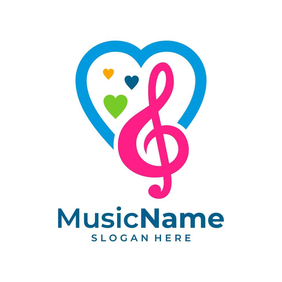 Music key and heart abstract hand drawn vector logo and icon. Musical theme flat design template. Isolated on the white background