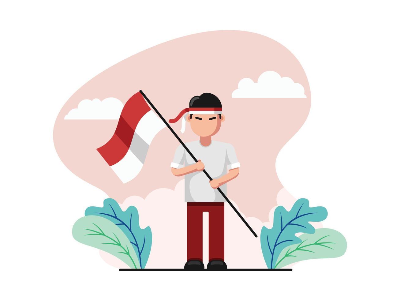 Illustration Flat design of Indonesian Young Warrior Holding a Flag - flat design vector illustration