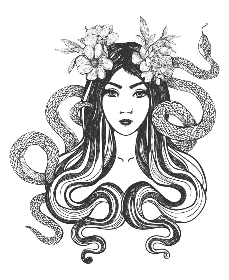 mujer con flores y serpientes. arte del tatuaje vector