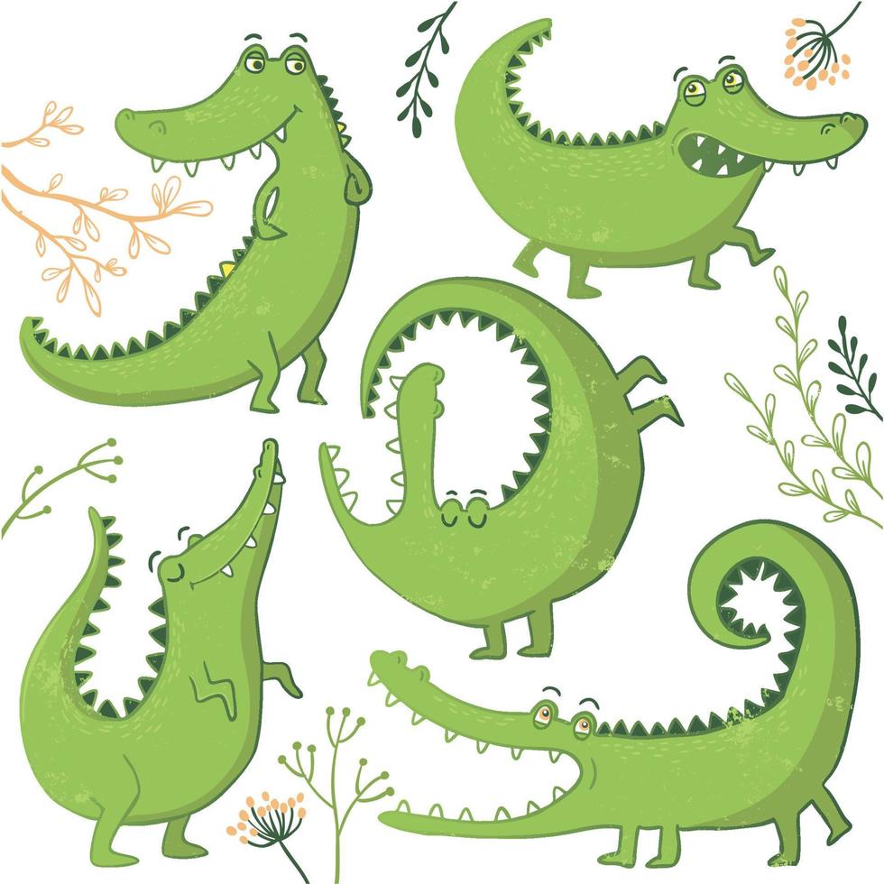 Set of funny hand drawn crocodiles. vector