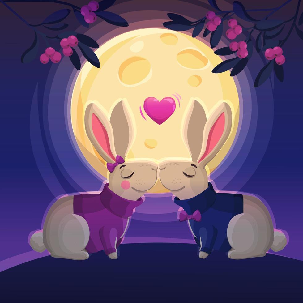 Two kissing rabbits on the moon background. vector